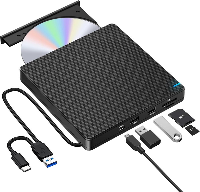 Guamar External DVD Drive for PC: USB-C Slim Portable CD Burner for Laptop Mac Windows 11 with SD/TF Slot/2 USB Ports Fast Data Transfer - Plug & Play - Image 1